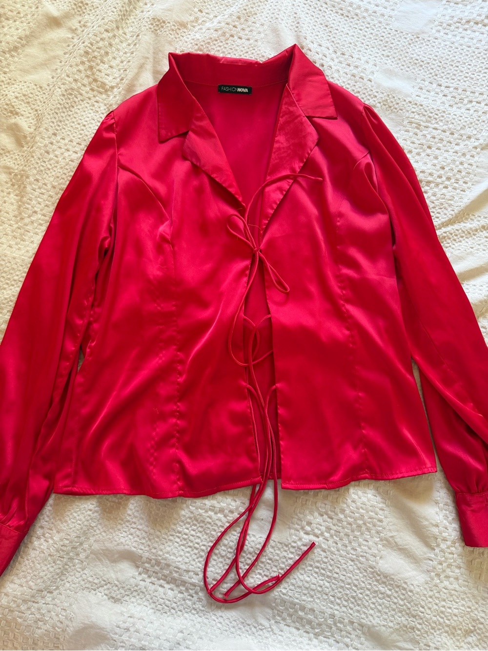 Fashion Nova Red Satin Tie-Front Blouse